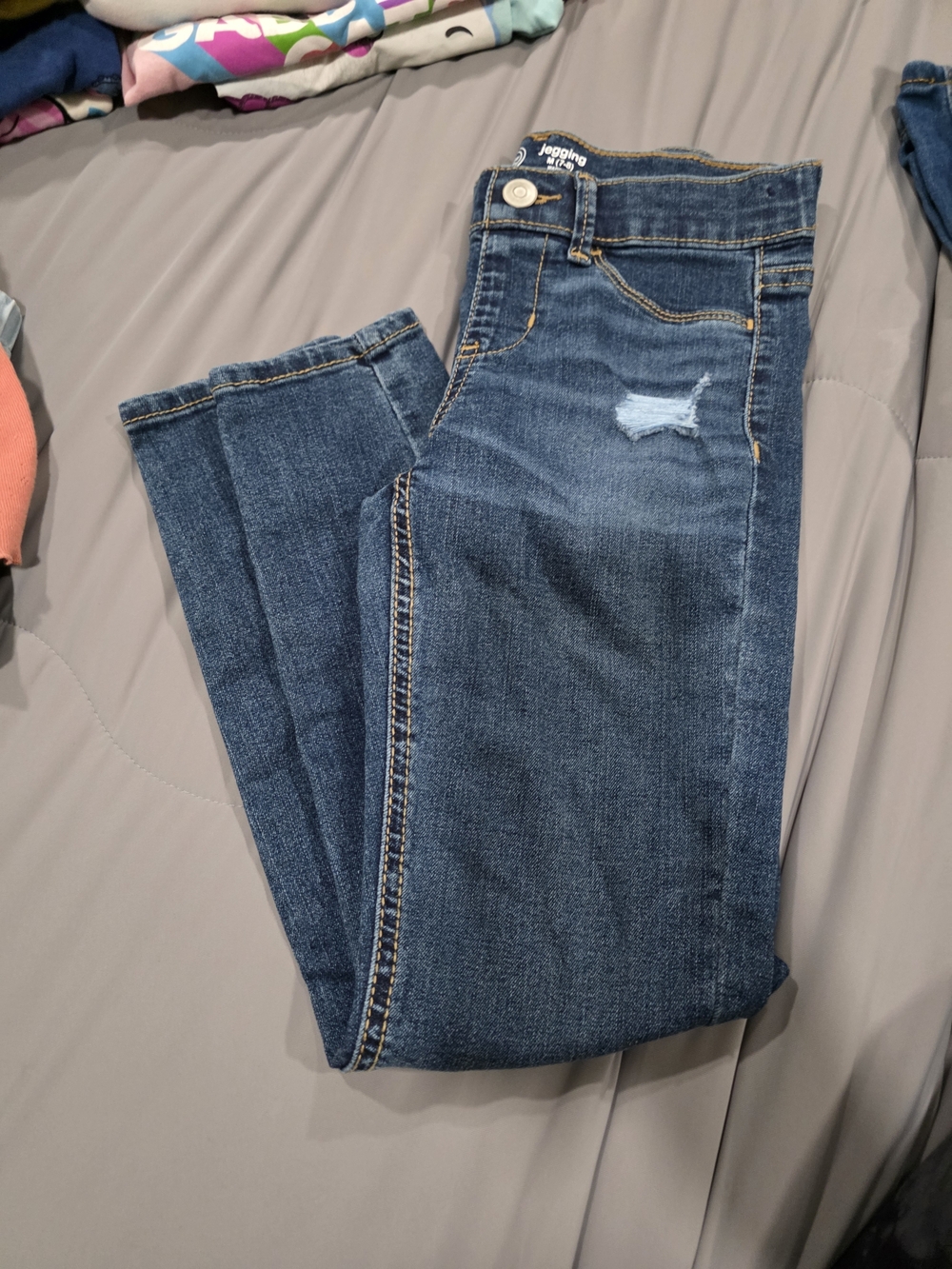 Kids Dark Blue Stretch Jeggings with Light Distress - Unbranded